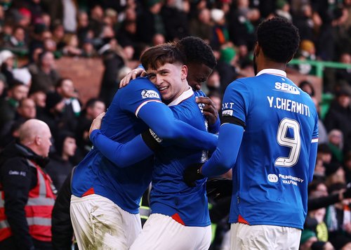 Soccer Football - Scottish Premiership - Celtic v Rangers - Celtic Park, Glasgow, Scotland, Britain - January 3, 2026 Rangers' Mikey Moore celebrates scoring their third goal with teammates REUTERS/Lee Smith