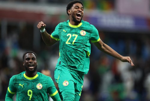 Soccer Football - CAF Africa Cup of Nations - Morocco 2025 - Round of 16 - Senegal v Sudan - Tangier Grand Stadium, Tangier, Morocco - January 3, 2026 Senegal's Ibrahim Mbaye celebrates scoring their third goal with Boulaye Dia REUTERS/Amr Abdallah Dalsh
