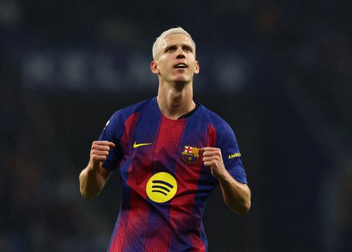 Soccer Football - LaLiga - Espanyol v FC Barcelona - RCDE Stadium, Cornella de Llobregat, Spain - January 3, 2026 FC Barcelona's Dani Olmo celebrates scoring their first goal REUTERS/Albert Gea