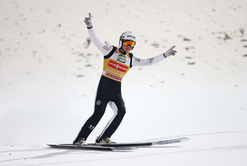 Ski Jumping - Four Hills Tournament - Bischofshofen, Austria - January 6, 2026 Slovenia's Domen Prevc celebrates after jumping in the Men's Individual HS142 Final Round to win the Four Hills tournament REUTERS/Kai Pfaffenbach