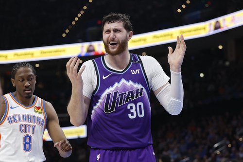Jan 7, 2026; Oklahoma City, Oklahoma, USA; Utah Jazz center Jusuf Nurkić (30) reacts after a call against him during the second half against the Oklahoma City Thunder at Paycom Center. Mandatory Credit: Alonzo Adams-Imagn Images