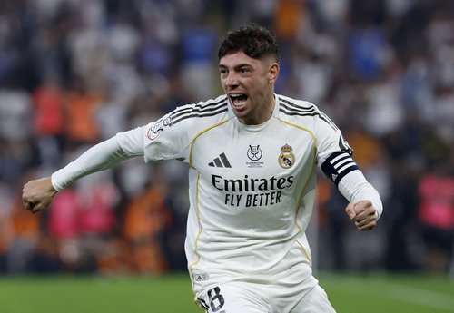 Soccer - Spanish Super Cup - Semi Final - Atletico Madrid v Real Madrid - King Abdullah Sports City, Jeddah, Saudi Arabia - January 8, 2026 Real Madrid's Federico Valverde celebrates scoring their first goal REUTERS/Vincent West
