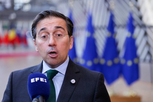 Spanish Foreign Minister Jose Manuel Albares speaks to the media on the day of an EU Foreign Affairs Council in Brussels, Belgium December 15, 2025. REUTERS/Omar Havana