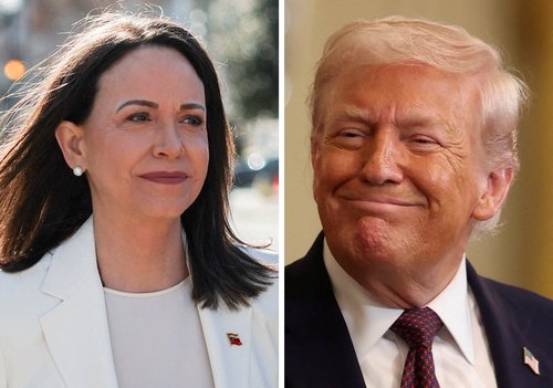 Venezuelan opposition leader Maria Corina Machado is pictured arriving for a meeting with U.S. President Donald Trump January 15, 2026. REUTERS/Kylie Cooper TPX IMAGES OF THE DAY