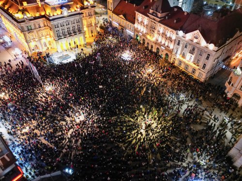 A drone view shows students and other demonstrators gathered for the first protest of the year, after months of rallies demanding political accountability and elections, following the deadly collapse at the city’s railway station, in Novi Sad