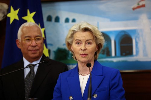 President of the European Commission, Ursula von der Leyen gives a statement, next to President of the European Council, Antonio Costa, at the presidential palace in Baabda, Lebanon, January 9, 2026. REUTERS/Mohamed Azakir
