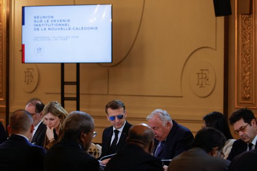 French President Emmanuel Macron attends a meeting on the institutional future of New Caledonia at the Elysee Palace in Paris, France, January 16, 2026. Yoan Valat/Pool via REUTERS