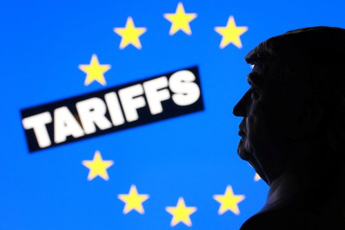 A 3D-printed miniature model of U.S. President Donald Trump, the EU flag and the word "Tariffs" appear in this illustration taken January 17, 2026. REUTERS/Dado Ruvic/Illustration