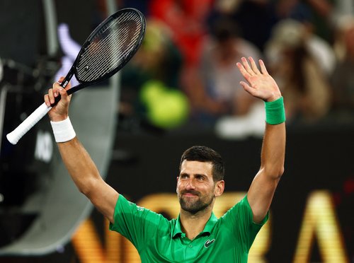 Tennis - Australian Open - Melbourne Park, Melbourne, Australia - January 19, 2026 Serbia's Novak Djokovic celebrates after winning his first round match against Spain's Pedro Martinez REUTERS/Tingshu Wang