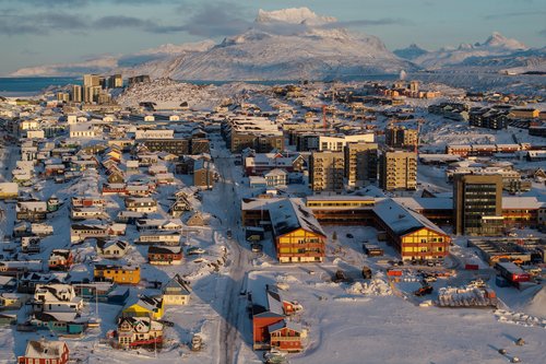 A drone view shows a general view of Nuuk