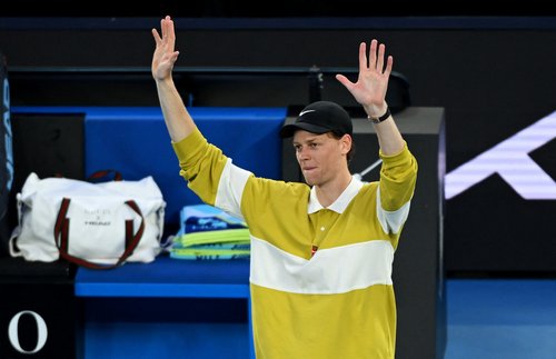 Tennis - Australian Open - Melbourne Park, Melbourne, Australia - January 20, 2026 Italy's Jannik Sinner celebrates after France's Hugo Gaston retires from their first round match REUTERS/Jaimi Joy
