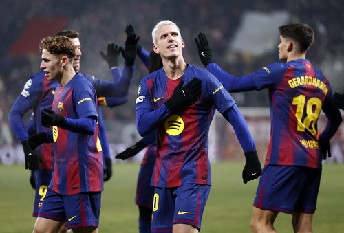 Soccer Football - UEFA Champions League - Slavia Prague v FC Barcelona - Fortuna Arena, Prague, Czech Republic - January 21, 2026 FC Barcelona's Dani Olmo celebrates scoring their third goal with teammates REUTERS/David W Cerny