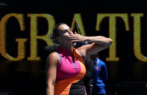 Tennis - Australian Open - Melbourne Park, Melbourne, Australia - January 23, 2026 Belarus' Aryna Sabalenka celebrates after winning her third round match against Austria's Anastasia Potapova REUTERS/Edgar Su