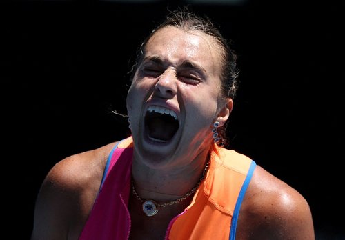 Tennis - Australian Open - Melbourne Park, Melbourne, Australia - January 23, 2026 Belarus' Aryna Sabalenka reacts during her third round match against Austria's Anastasia Potapova REUTERS/Edgar Su TPX IMAGES OF THE DAY