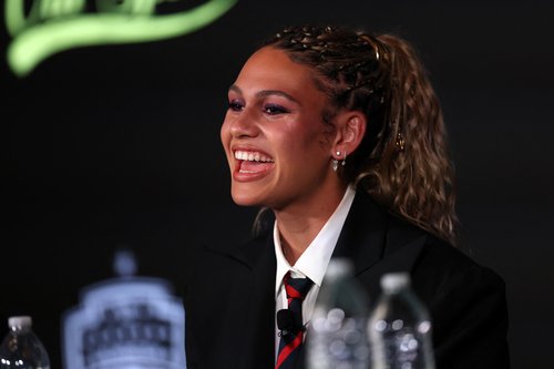 Jan 22, 2026; Los Angeles, California, USA; Trinity Rodman of the Washington Spirit answers questions during a press conference at BMO Stadium. Mandatory Credit: Kiyoshi Mio-Imagn Images