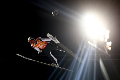 Ski Jumping - Ski Flying World Championships - Heini-Klopfer Ski Flying Hill, Oberstdorf, Germany - January 23, 2026 Slovenia's Domen Prevc in action during the men's individual HS235 second round as a drone is seen REUTERS/Kai Pfaffenbach