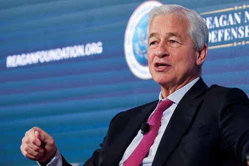 FILE PHOTO: Jamie Dimon, chairman and CEO, JPMorganChase, speaks during the Reagan National Defense Forum at the Ronald Reagan Presidential Library in Simi Valley, California, U.S. December 6, 2025. REUTERS/Jonathan Alcorn/File Photo