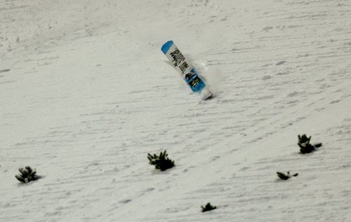Ski Jumping - Ski Flying World Championships - Heini-Klopfer Ski Flying Hill, Oberstdorf, Germany - January 25, 2026 General view of Slovenia's Domen Prevc's ski during the men's team HS235 first round REUTERS/Kai Pfaffenbach