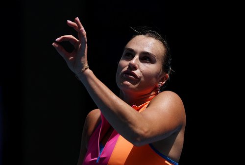 Tennis - Australian Open - Melbourne Park, Melbourne, Australia - January 25, 2026 Belarus' Aryna Sabalenka reacts during her fourth round match against Canada's Victoria Mboko REUTERS/Edgar Su