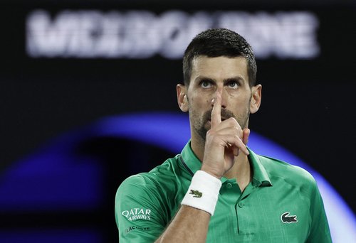 Tennis - Australian Open - Melbourne Park, Melbourne, Australia - January 24, 2026 Serbia's Novak Djokovic reacts during his third round match against Netherlands' Botic van de Zandschulp REUTERS/Tingshu Wang