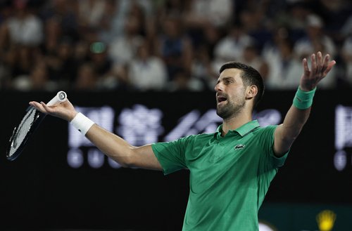 Tennis - Australian Open - Melbourne Park, Melbourne, Australia - January 24, 2026 Serbia's Novak Djokovic reacts during his third round match against Netherlands' Botic van de Zandschulp REUTERS/Tingshu Wang