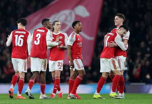 Soccer Football - UEFA Champions League - Arsenal v Kairat - Emirates Stadium, London, Britain - January 28, 2026 Arsenal's Gabriel Martinelli celebrates scoring their third goal with teammates REUTERS/Hannah Mckay