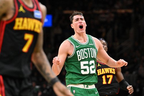 Jan 28, 2026; Boston, Massachusetts, USA; Boston Celtics center Luka Garza (52) reacts after missing a basket against the Atlanta Hawks during the second half at the TD Garden. Mandatory Credit: Brian Fluharty-Imagn Images