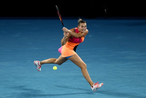 Tennis - Australian Open - Melbourne Park, Melbourne, Australia - January 29, 2026 Belarus' Aryna Sabalenka in action during her semi final match against Ukraine's Elina Svitolina REUTERS/Tingshu Wang