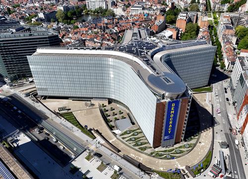FILE PHOTO: A drone view shows the European Commission headquarters known as the Berlaymont building in Brussels, Belgium April 29, 2026. REUTERS/Yves Herman/File Photo