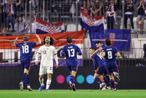 Soccer Football - Nations League - A3 - Croatia v Spain - Stadion Poljud, Split, Croatia - October 6, 2026 Croatia's Ivan Perisic celebrates scoring their first goal with teammates as Spain's Marc Cucurella reacts REUTERS/Antonio Bronic