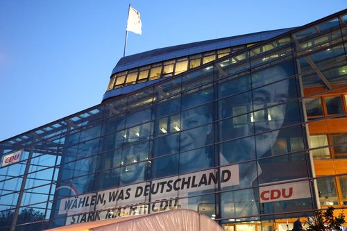 Christian Democratic Union (CDU) party headquarters are seen after first exit polls for the general elections in Berlin