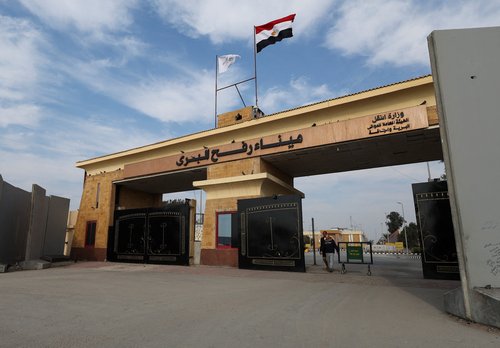 A view shows a gate, at the Rafah border crossing