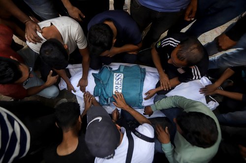 Funeral of a Palestinian journalist killed in an Israeli airstrike, in Gaza City