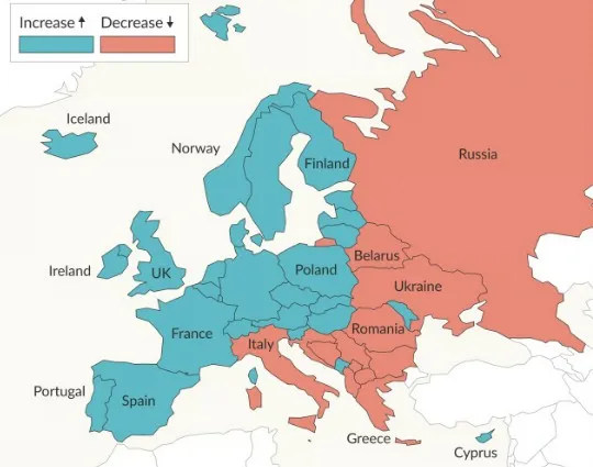 Objavljena karta Europe koja prikazuje promjene u broju stanovnika, BiH u crvenom