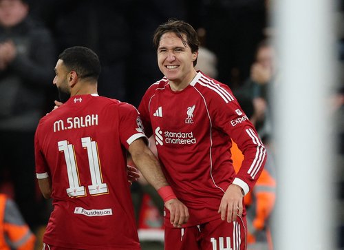 Soccer Football - UEFA Champions League - Liverpool v Qarabag - Anfield, Liverpool, Britain - January 28, 2026 Liverpool's Federico Chiesa celebrates scoring their sixth goal REUTERS/Phil Noble