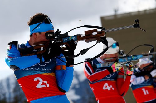 Milano Cortina 2026 Olympics - Biathlon - Mixed Relay 4 x 6km (M+W) - Anterselva Biathlon Arena, South Tyrol, Italy - February 08, 2026. Tommaso Giacomel in action during the Biathlon Mixed Relay 4 x 6km (M+W). REUTERS/Matthew Childs