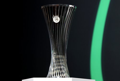 Soccer Football - UEFA Conference League - Draw for Round of 16, Quarter Finals, Semi Finals & Final - UEFA Headquarters, Nyon, Switzerland - February 27, 2026 The UEFA Conference League trophy is pictured before the draw REUTERS/Pierre Albouy