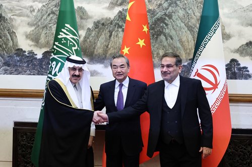 China's director of the Office of the Central Foreign Affairs Commission Wang Yi, Ali Shamkhani, the secretary of Iran’s Supreme National Security Council and Saudi national security adviser Musaad bin Mohammed Al Aiban meet in Beijing
