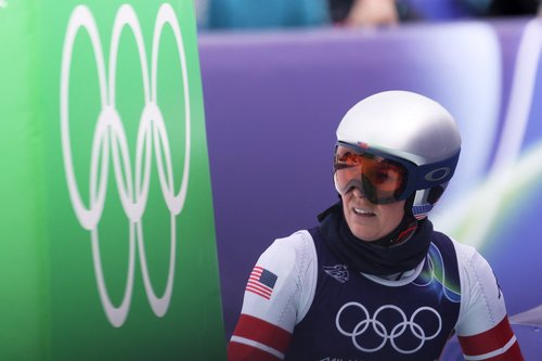 Milano Cortina 2026 Olympics - Alpine Skiing - Women's Downhill Official Training - Tofane Alpine Skiing Centre, Belluno, Italy - February 06, 2026. Lindsey Vonn of United States reacts during training REUTERS/Leonhard Foeger