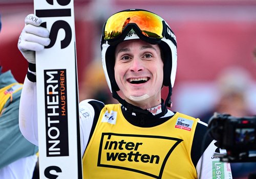 Ski Jumping - FIS Ski Jumping World Cup - Kulm, Tauplitz, Austria - March 1, 2026 Slovenia's Domen Prevc celebrates after winning the men's individual hs235 REUTERS/Christian Bruna TPX IMAGES OF THE DAY