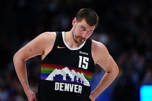 Mar 6, 2026; Denver, Colorado, USA; Denver Nuggets center Nikola Jokic (15) during the second quarter against the New York Knicks at Ball Arena. Mandatory Credit: Ron Chenoy-Imagn Images