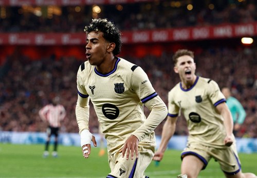 Soccer Football - LaLiga - Athletic Bilbao v FC Barcelona - San Mames, Bilbao, Spain - March 7, 2026 FC Barcelona's Lamine Yamal celebrates scoring their first goal REUTERS/Vincent West TPX IMAGES OF THE DAY