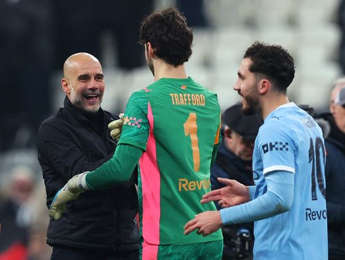 Soccer Football - FA Cup - Fifth Round - Newcastle United v Manchester City - St James' Park, Newcastle, Britain - March 7, 2026 Manchester City manager Pep Guardiola, James Trafford and Rayan Cherki celebrate after the match Action Images via Reuters/Cr
