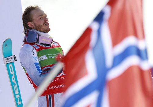 Alpine Skiing - FIS Alpine Ski World Cup - Men's Slalom - Kranjska Gora, Slovenia - March 8, 2026 Norway's Atle Lie McGrath celebrates on the podium after winning the Men's Slalom REUTERS/Borut Zivulovic