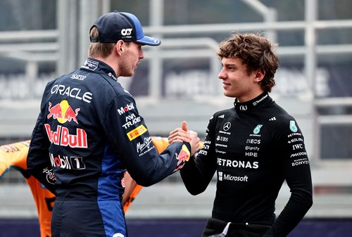 Formula One F1 - Australian Grand Prix - Albert Park Grand Prix Circuit, Melbourne, Australia - March 8, 2026 Red Bull's Max Verstappen and Mercedes' Kimi Antonelli before the race REUTERS/Mark Peterson