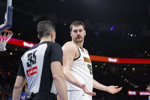 Mar 9, 2026; Oklahoma City, Oklahoma, USA; Denver Nuggets center Nikola Jokić (15) reacts towards an official after a play against the Oklahoma City Thunder during the second quarter at Paycom Center. Mandatory Credit: Alonzo Adams-Imagn Images