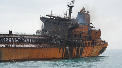 A foreign tanker carrying Iraqi fuel oil damaged after catching fire in Iraq's territorial waters, following unidentified attacks that targeted two foreign tankers, according to Iraqi port officials, near Basra, Iraq, March 12, 2026. REUTERS/Mohammed Aty