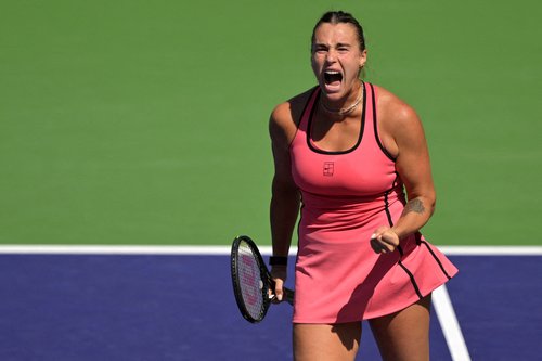 Mar 10, 2026; Indian Wells, CA, USA; Aryna Sabalenka (BEL) reacts during her