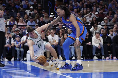 Mar 12, 2026; Oklahoma City, Oklahoma, USA; Boston Celtics center Luka Garza (52) and Oklahoma City Thunder forward Jaylin Williams (6) reach for a loose ball during the fourth quarter at Paycom Center. Mandatory Credit: Alonzo Adams-Imagn Images