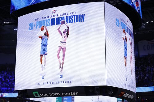 Mar 12, 2026; Oklahoma City, Oklahoma, USA; A sign is shown on the video board after